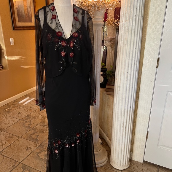 XSCAPE Sequence  and Beaded Floral (2) piece Set Silk Sheer Dress/Jacket - Picture 3 of 12